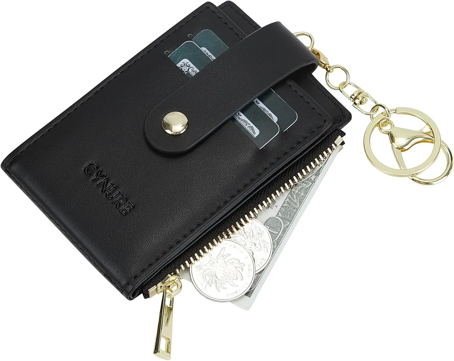 Women & Men Leather RFID Blocking Card Holder Slim Small Zipper Keychain Front Pocket Wallet with 2 ID Window,