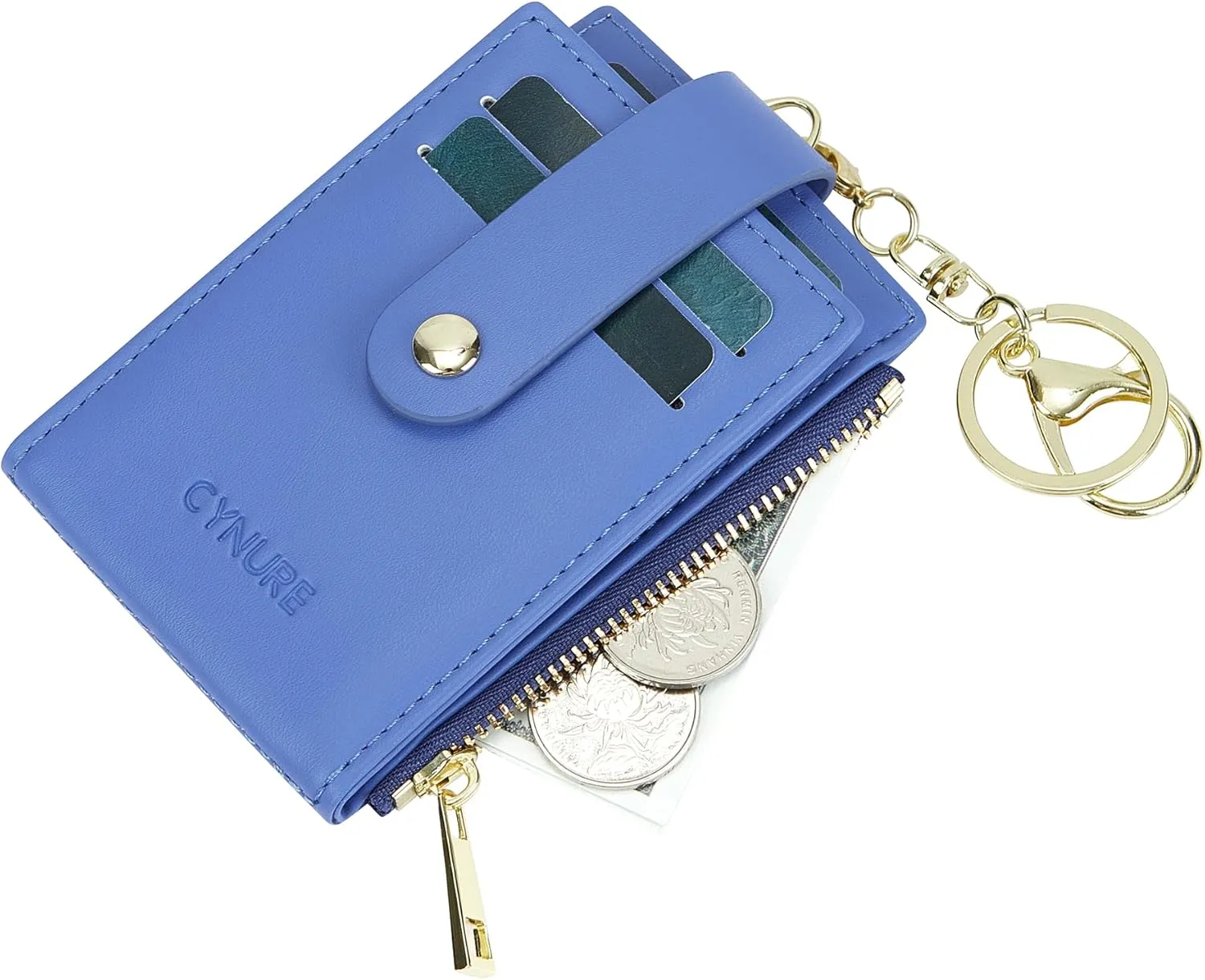 Women & Men Leather RFID Blocking Card Holder Slim Small Zipper Keychain Front Pocket Wallet with 2 ID Window,
