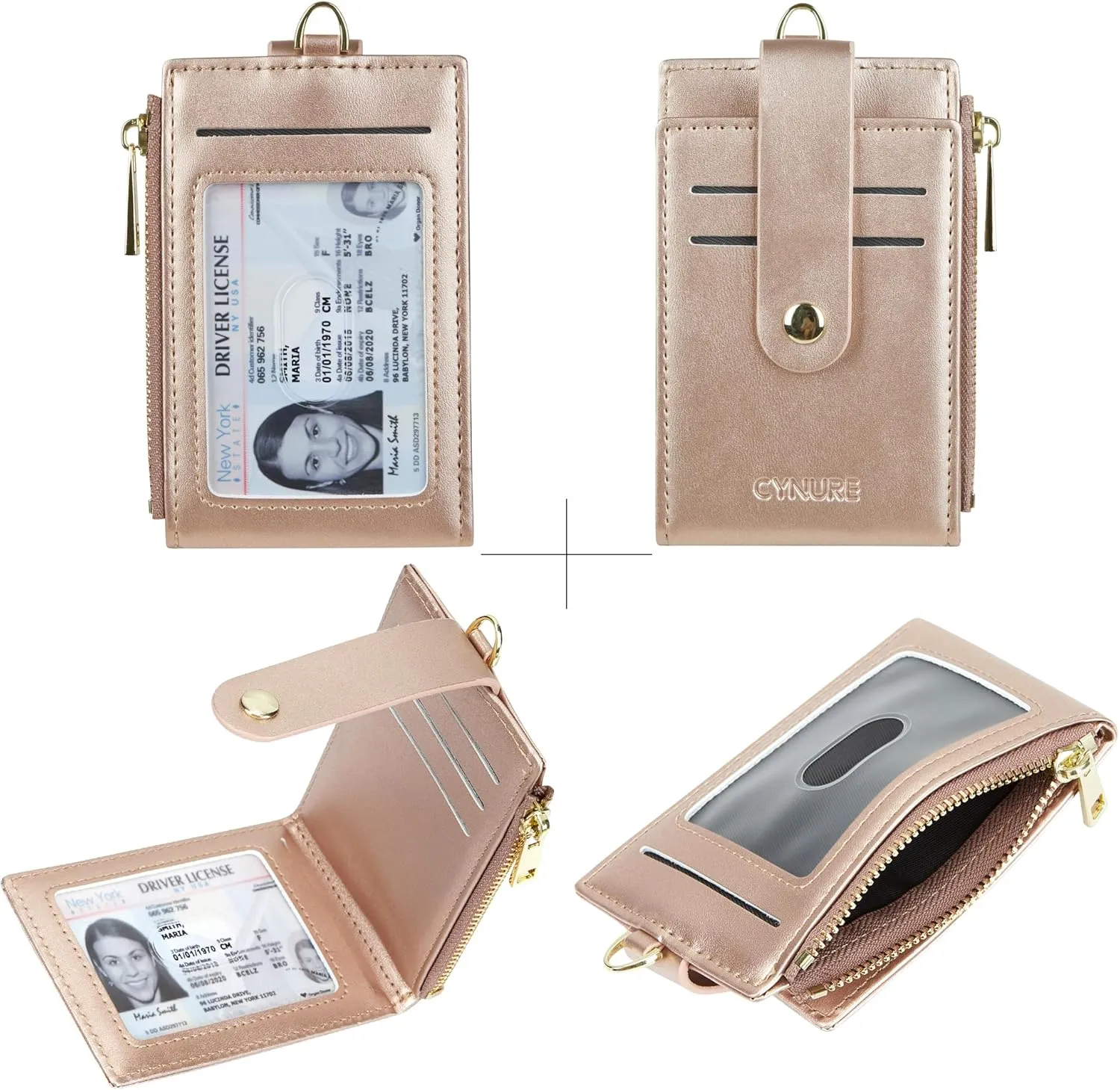 Women & Men Leather RFID Blocking Card Holder Slim Small Zipper Keychain Front Pocket Wallet with 2 ID Window,