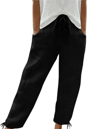 Women Cotton Linen Drawstring Joggers, Summer Outdoor Running Workout Casual Pants Comfy Breathable Pockets Trousers