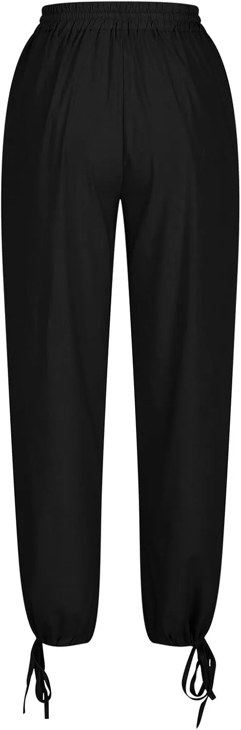 Women Cotton Linen Drawstring Joggers, Summer Outdoor Running Workout Casual Pants Comfy Breathable Pockets Trousers