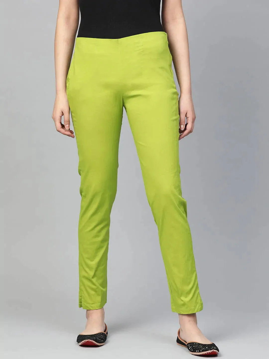 Women Green Smart Slim Fit Solid Regular Trousers