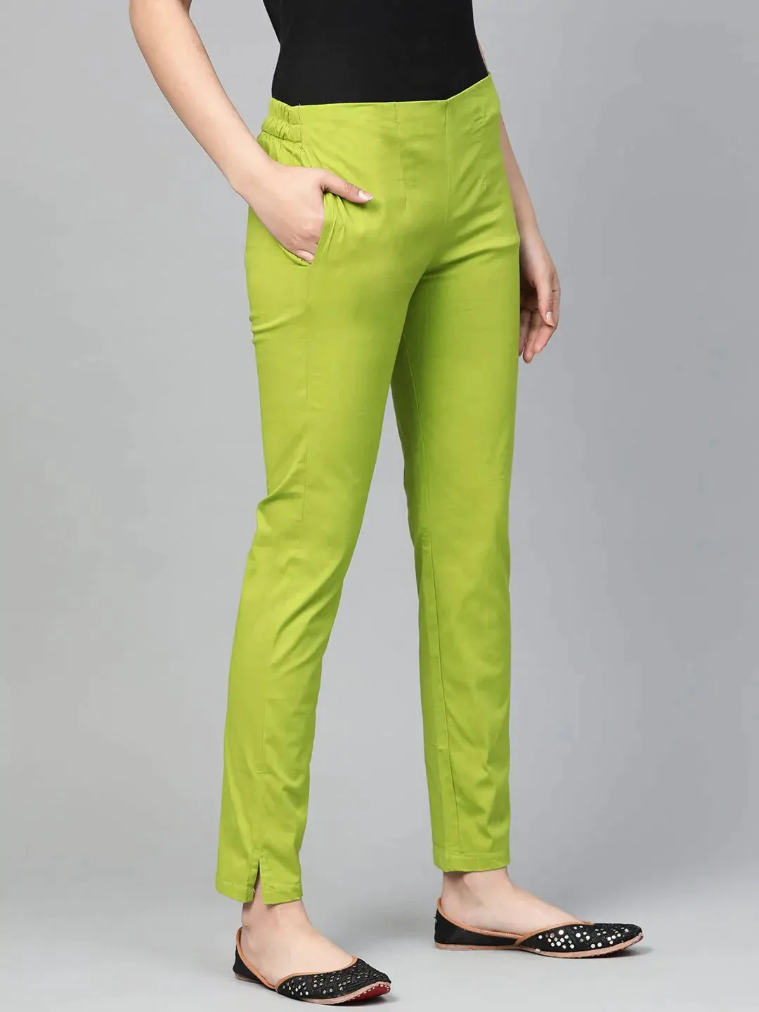 Women Green Smart Slim Fit Solid Regular Trousers