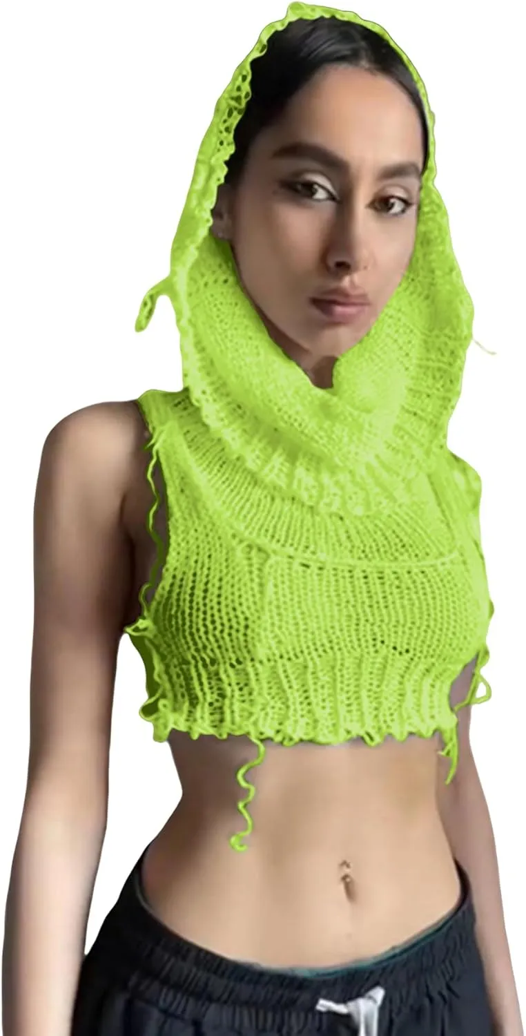 Women Knitted Hoodie Sweater Vest Sexy Sleeveless Hollow Out Hooded Crop Top Streetwear Rave Oufit