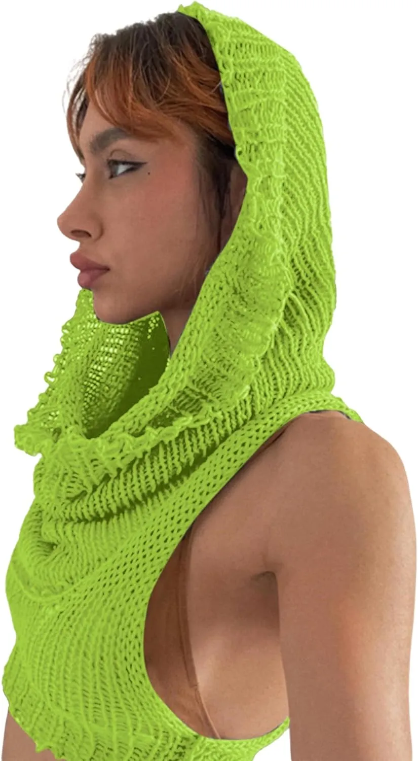 Women Knitted Hoodie Sweater Vest Sexy Sleeveless Hollow Out Hooded Crop Top Streetwear Rave Oufit