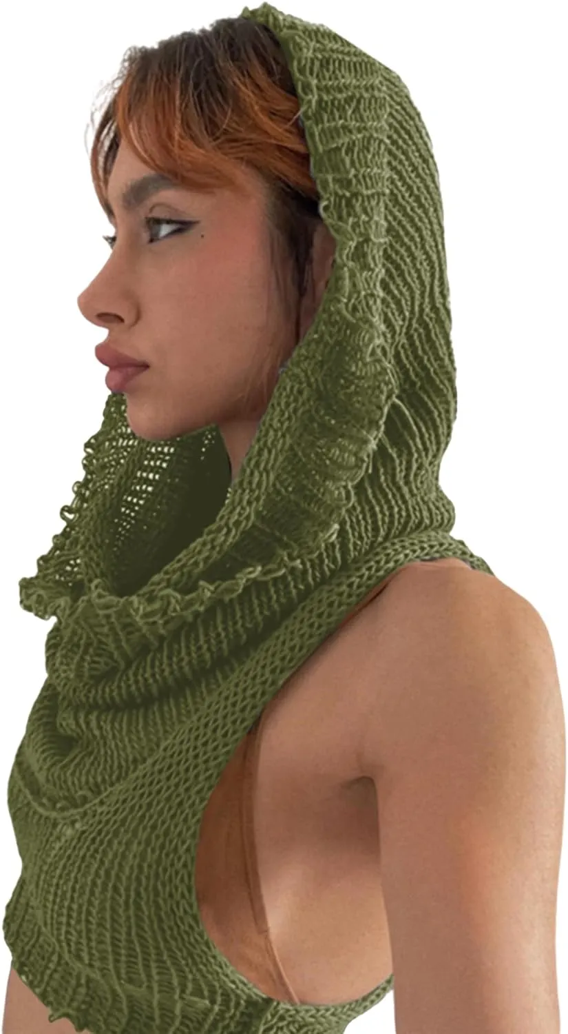 Women Knitted Hoodie Sweater Vest Sexy Sleeveless Hollow Out Hooded Crop Top Streetwear Rave Oufit