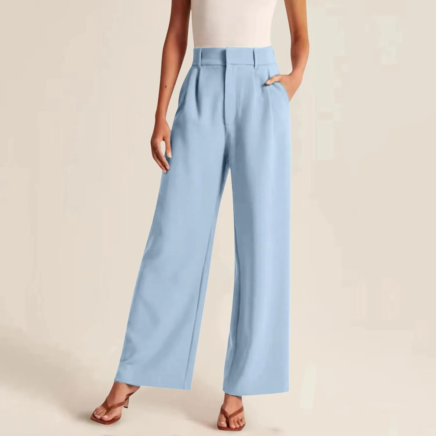 Women Linen Blend Summer Comfy Palazzo Pants Low Waist Wide Leg Loose Fit Palazzo Pants Work Business
