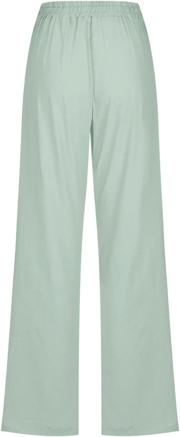 Women Linen Blend Summer Trendy Pants High Waist Stretchy Plus Size Palazzo Lounge Pants Business Work