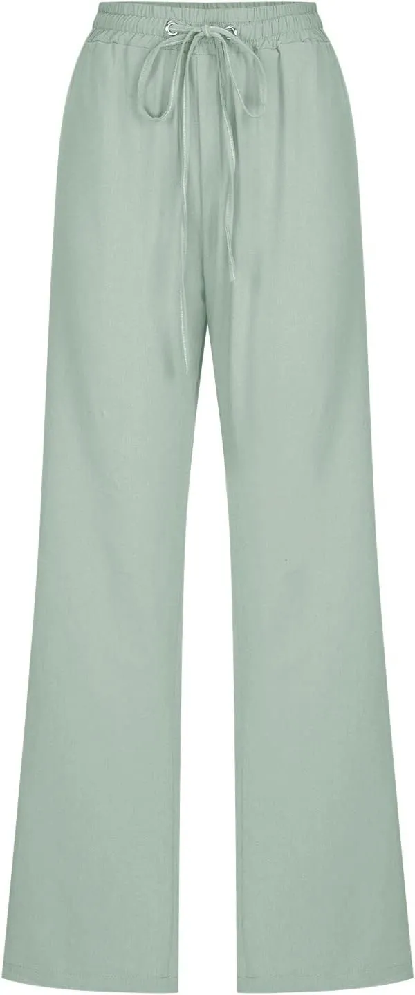 Women Linen Blend Summer Trendy Pants High Waist Stretchy Plus Size Palazzo Lounge Pants Business Work