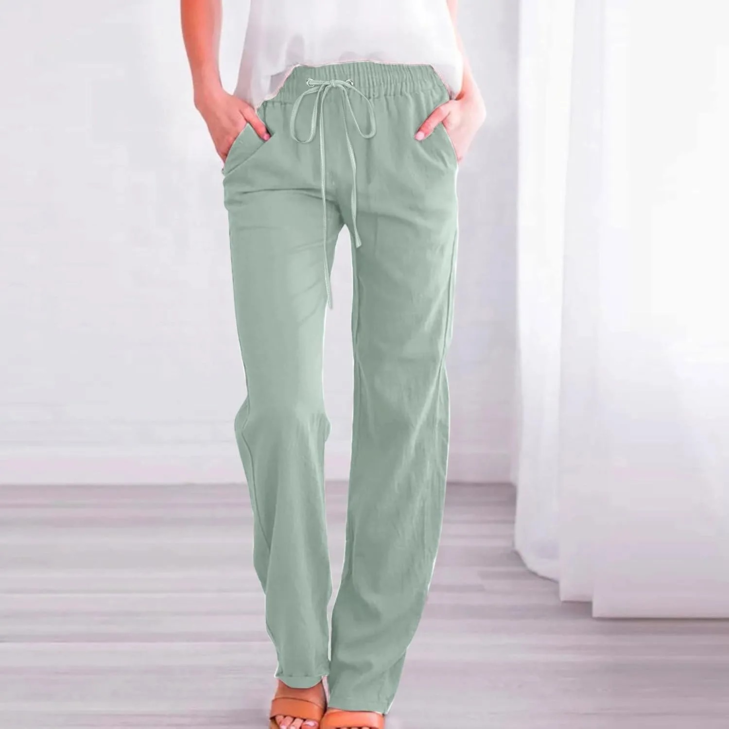 Women Linen Blend Summer Trendy Pants High Waist Stretchy Plus Size Palazzo Lounge Pants Business Work