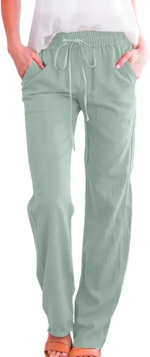 Women Linen Blend Summer Trendy Pants High Waist Stretchy Plus Size Palazzo Lounge Pants Business Work