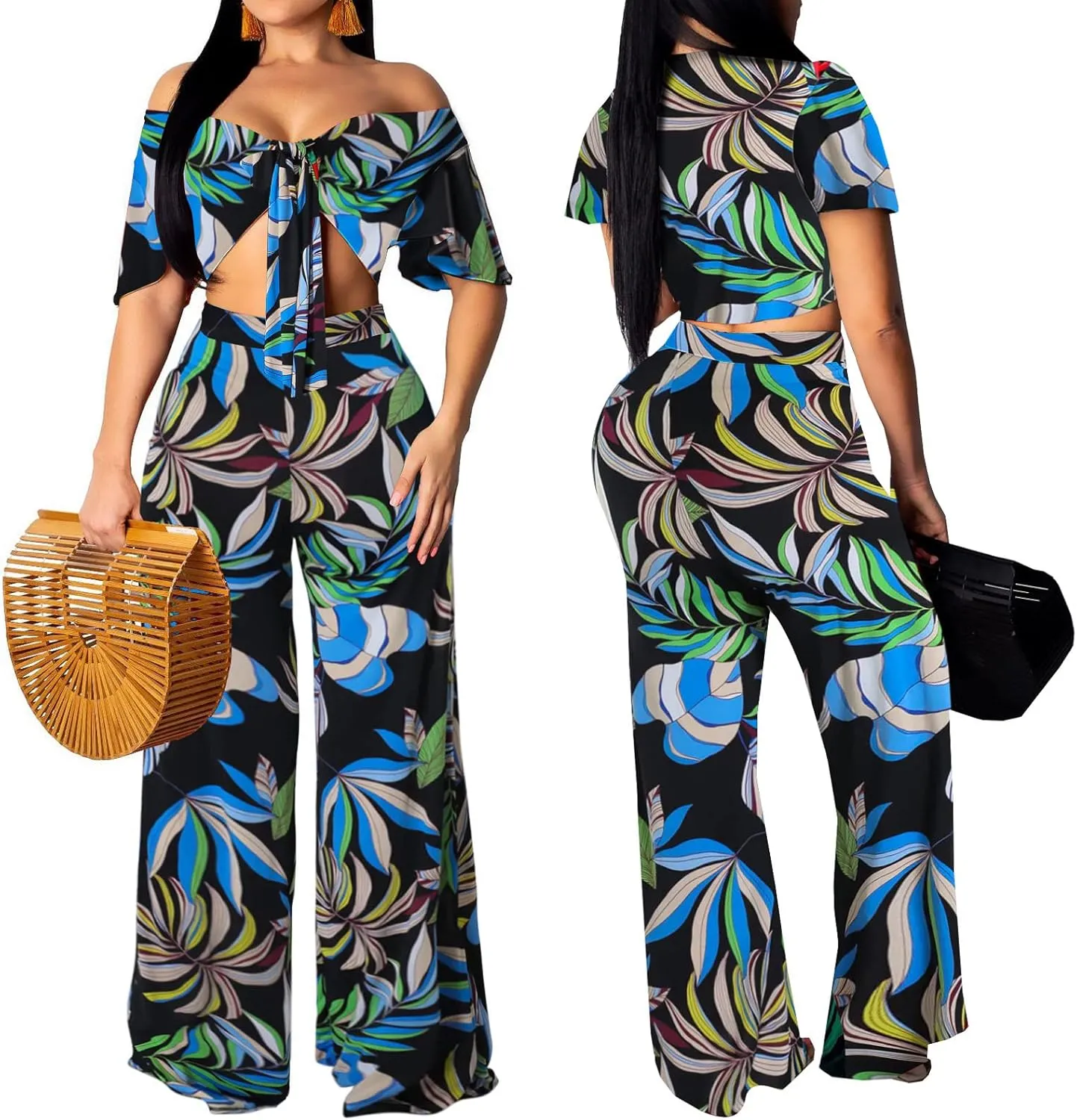 Women Sexy Swimsuit And Cover Up Set Wide Leg Jumpsuit Spaghetti Strap Top Long Pants Summer Beach Sets