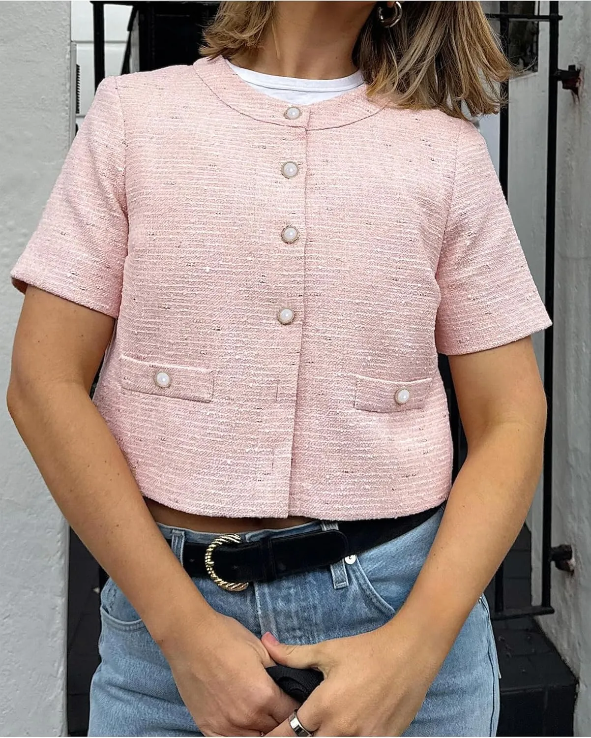 Women Short Sleeve Tweed Jacket Cropped Elegant Pearl Button Down Crew Neck Top Office Business Blazer