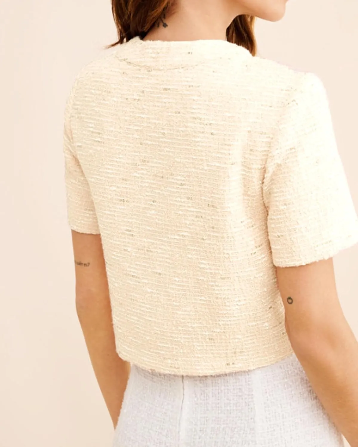 Women Short Sleeve Tweed Jacket Cropped Elegant Pearl Button Down Crew Neck Top Office Business Blazer