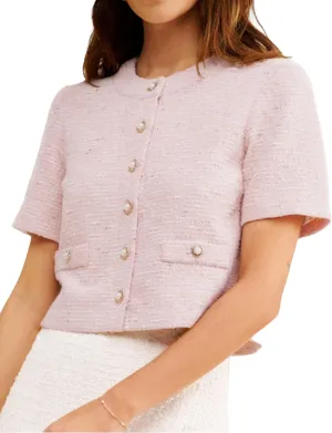 Women Short Sleeve Tweed Jacket Cropped Elegant Pearl Button Down Crew Neck Top Office Business Blazer