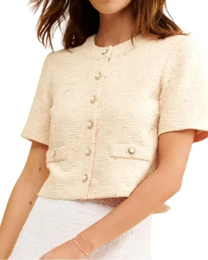 Women Short Sleeve Tweed Jacket Cropped Elegant Pearl Button Down Crew Neck Top Office Business Blazer