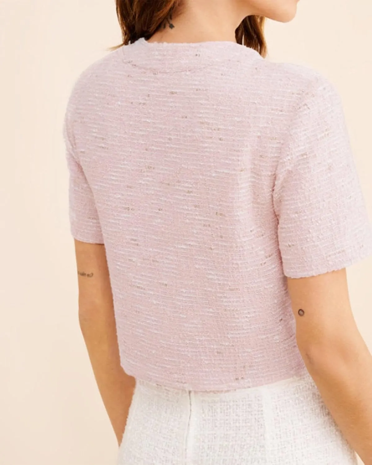Women Short Sleeve Tweed Jacket Cropped Elegant Pearl Button Down Crew Neck Top Office Business Blazer