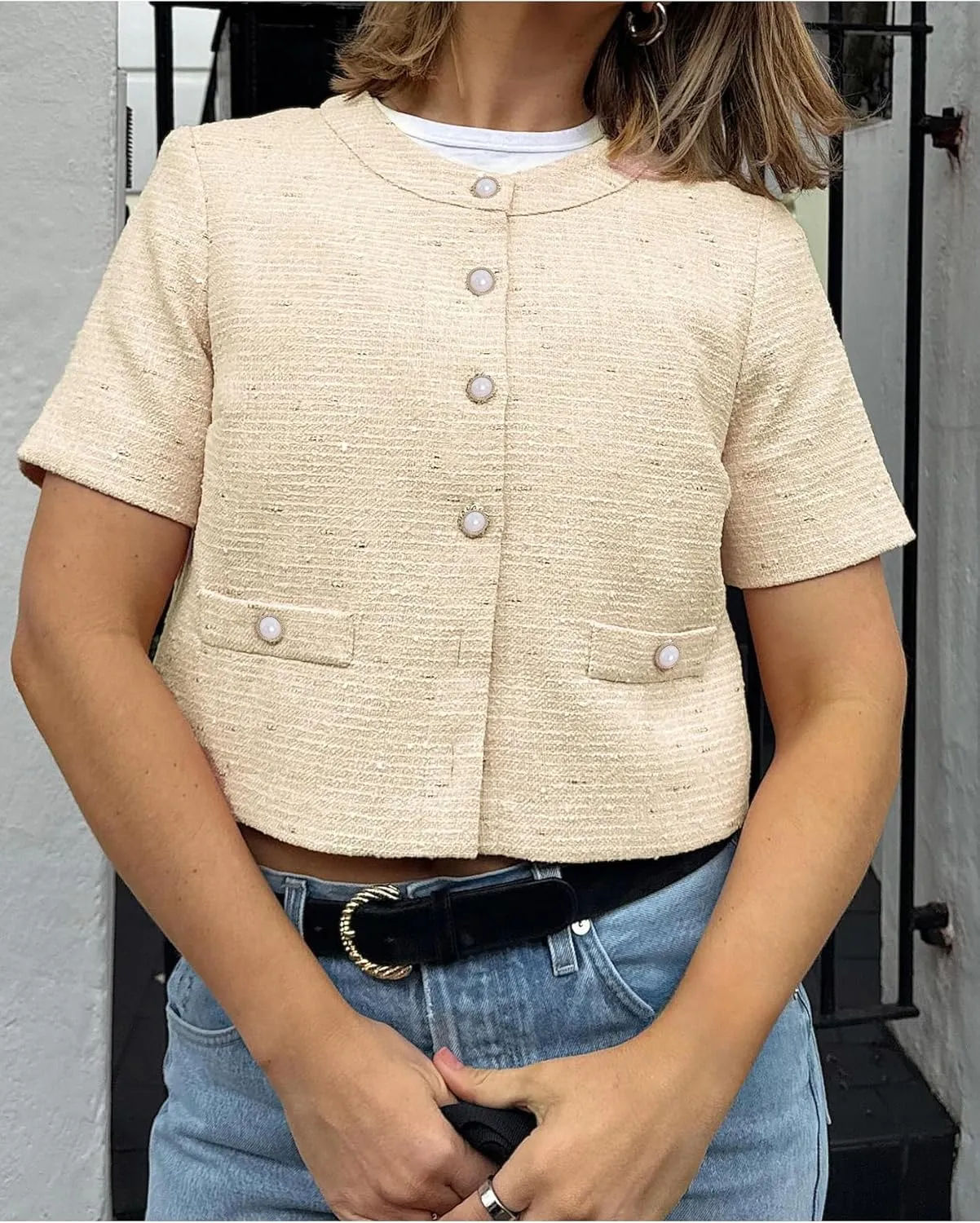 Women Short Sleeve Tweed Jacket Cropped Elegant Pearl Button Down Crew Neck Top Office Business Blazer