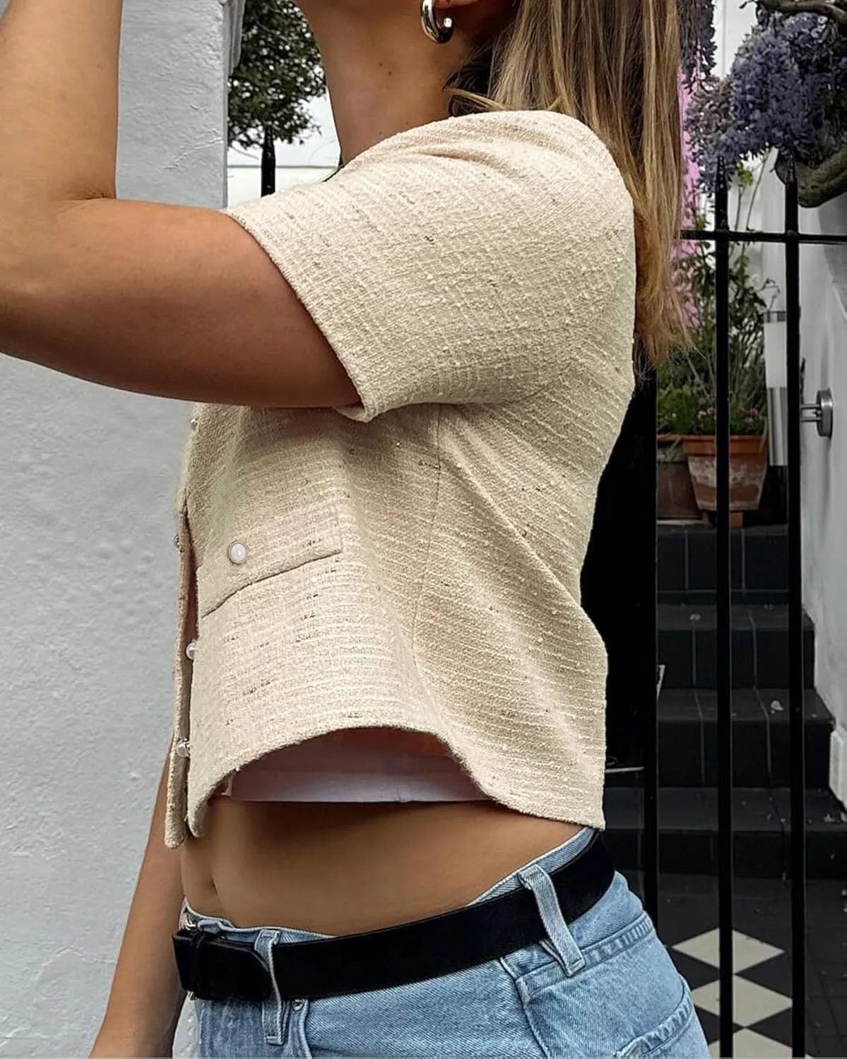 Women Short Sleeve Tweed Jacket Cropped Elegant Pearl Button Down Crew Neck Top Office Business Blazer
