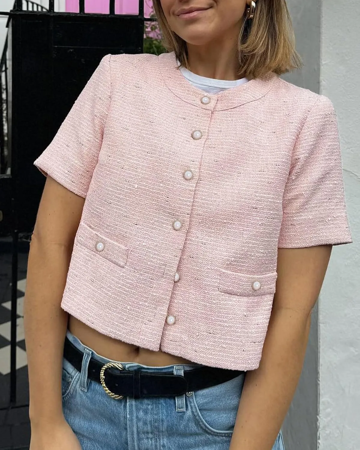 Women Short Sleeve Tweed Jacket Cropped Elegant Pearl Button Down Crew Neck Top Office Business Blazer