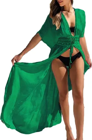 Women Swimsuit Cover Up Open Front Long Beach Kimono Cardigan Swim Bathing Suit Cover Ups with Drawstring One Size