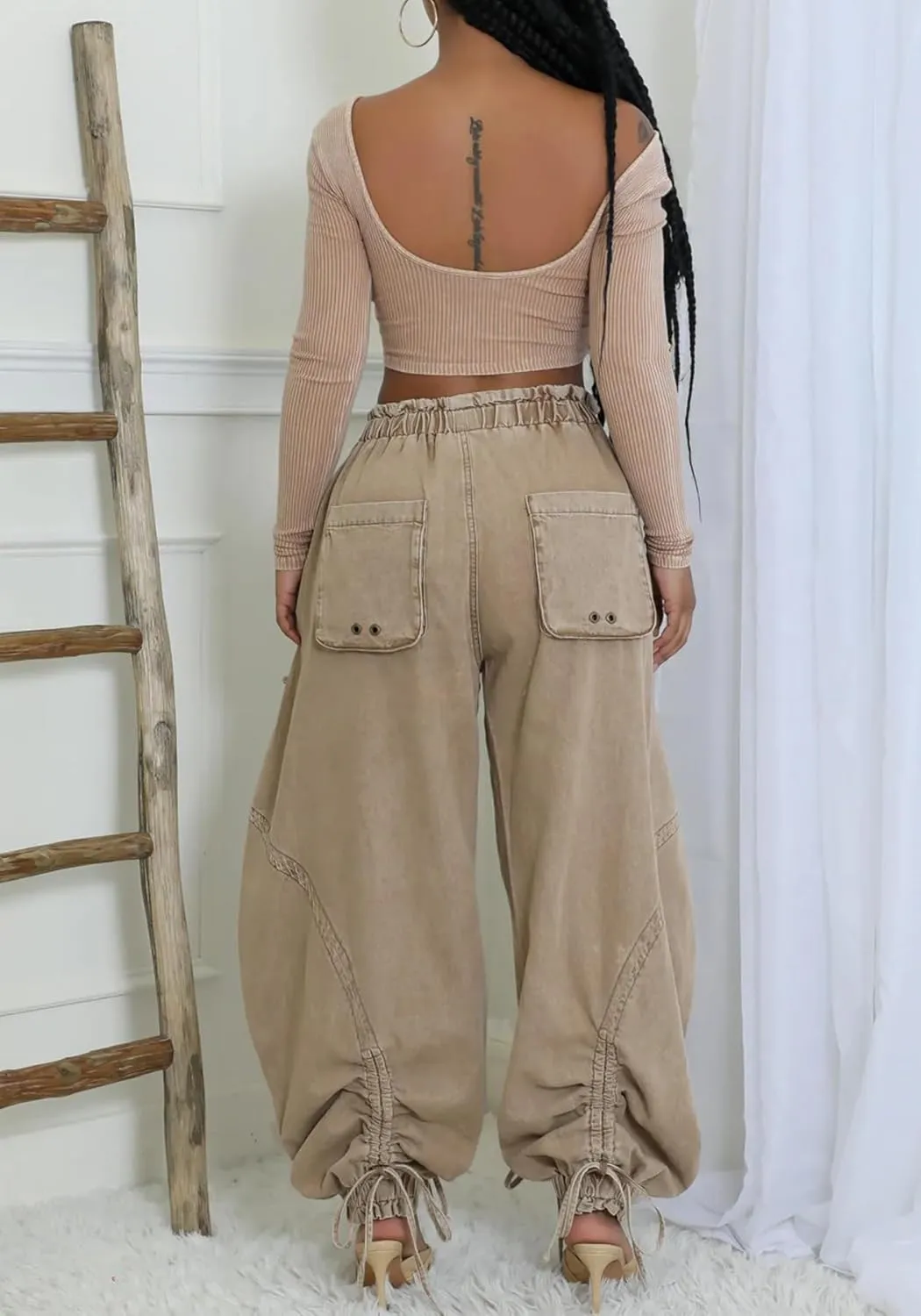 Women's Baggy Cargo Jeans Drawstring High Waist Loose Harem Wide Leg Denim Pants Joggers Sweatpants with Pockets
