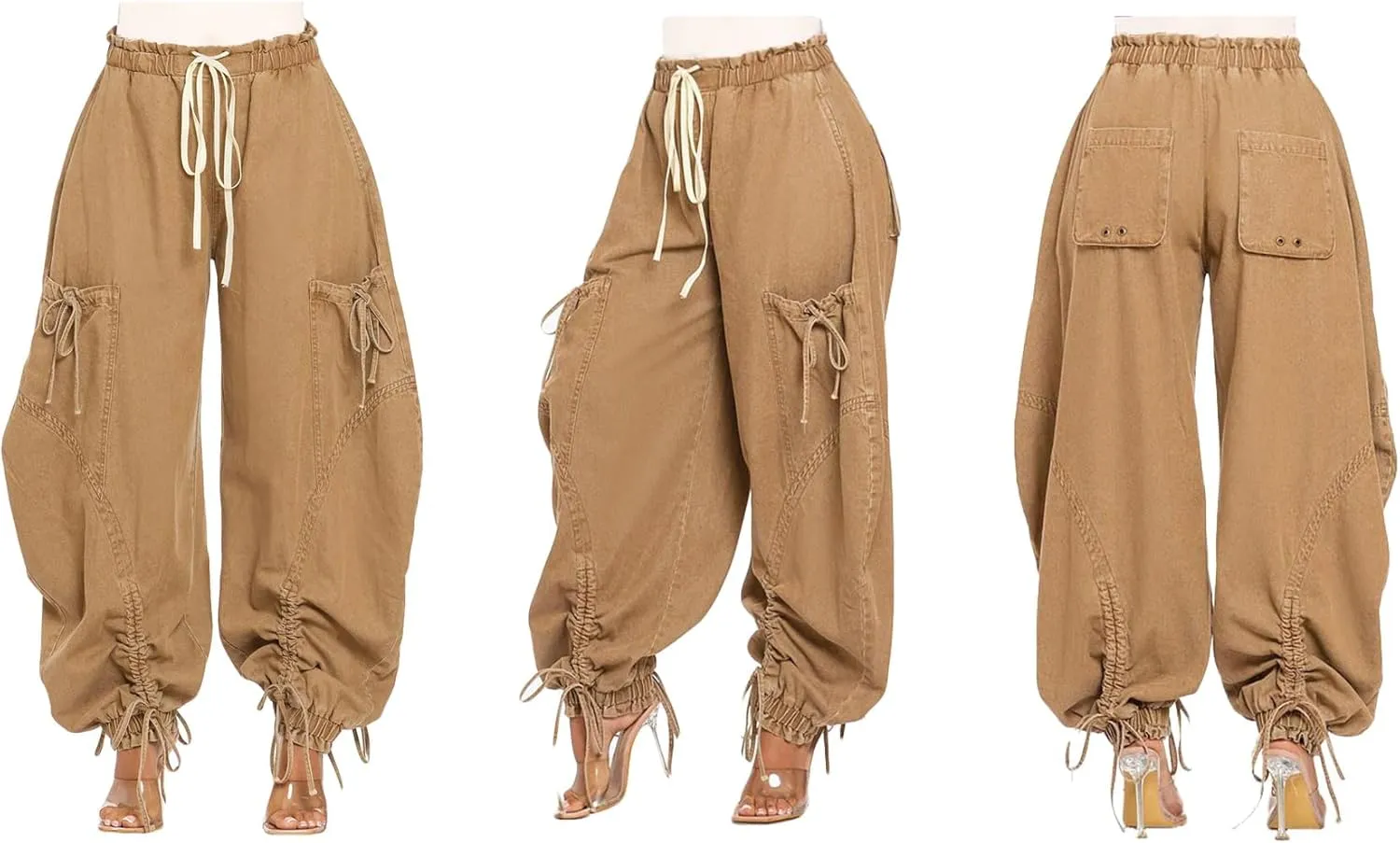 Women's Baggy Cargo Jeans Drawstring High Waist Loose Harem Wide Leg Denim Pants Joggers Sweatpants with Pockets