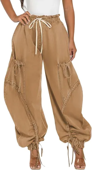 Women's Baggy Cargo Jeans Drawstring High Waist Loose Harem Wide Leg Denim Pants Joggers Sweatpants with Pockets