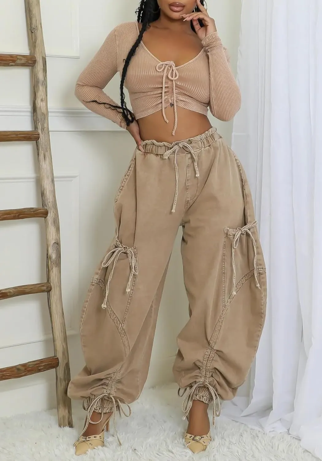 Women's Baggy Cargo Jeans Drawstring High Waist Loose Harem Wide Leg Denim Pants Joggers Sweatpants with Pockets