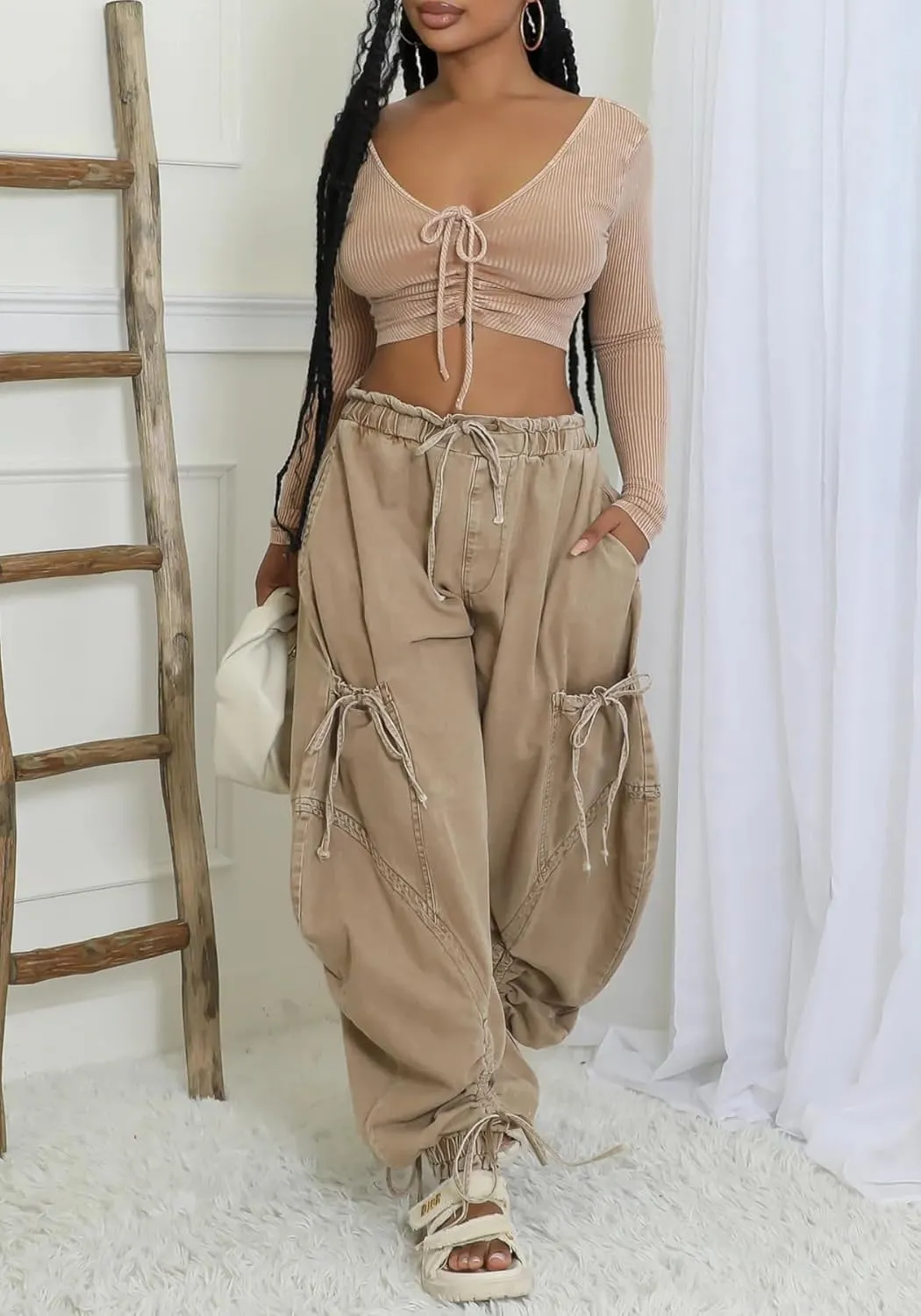 Women's Baggy Cargo Jeans Drawstring High Waist Loose Harem Wide Leg Denim Pants Joggers Sweatpants with Pockets