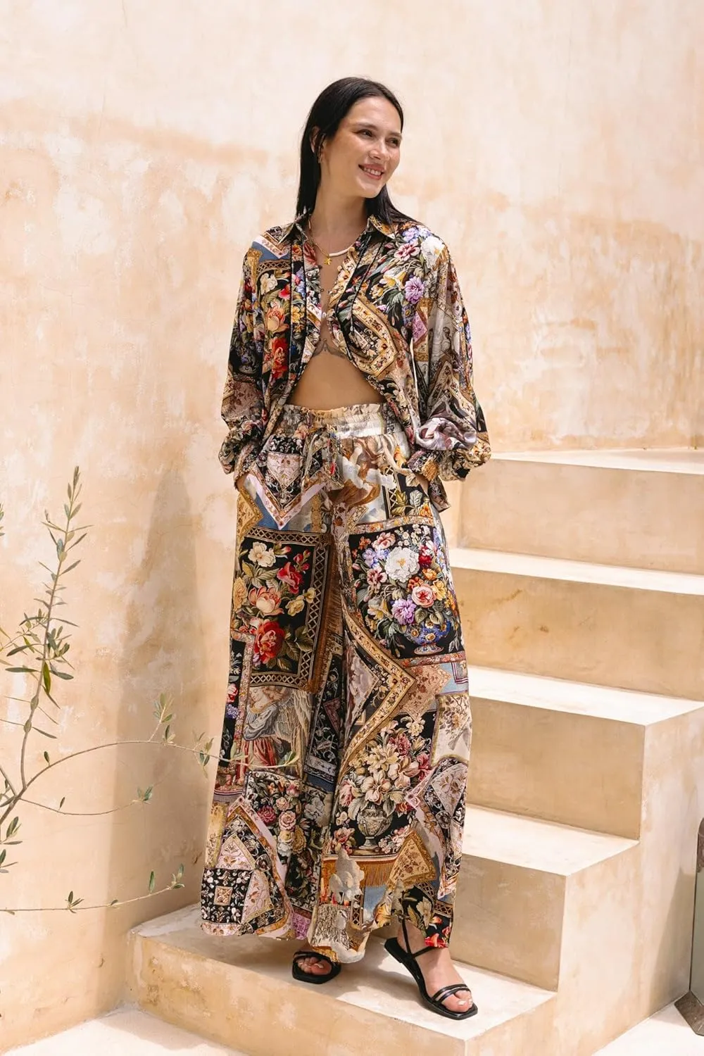 Women's Boho Floral High Waist Wide Leg Pants