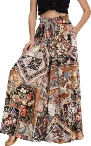 Women's Boho Floral High Waist Wide Leg Pants
