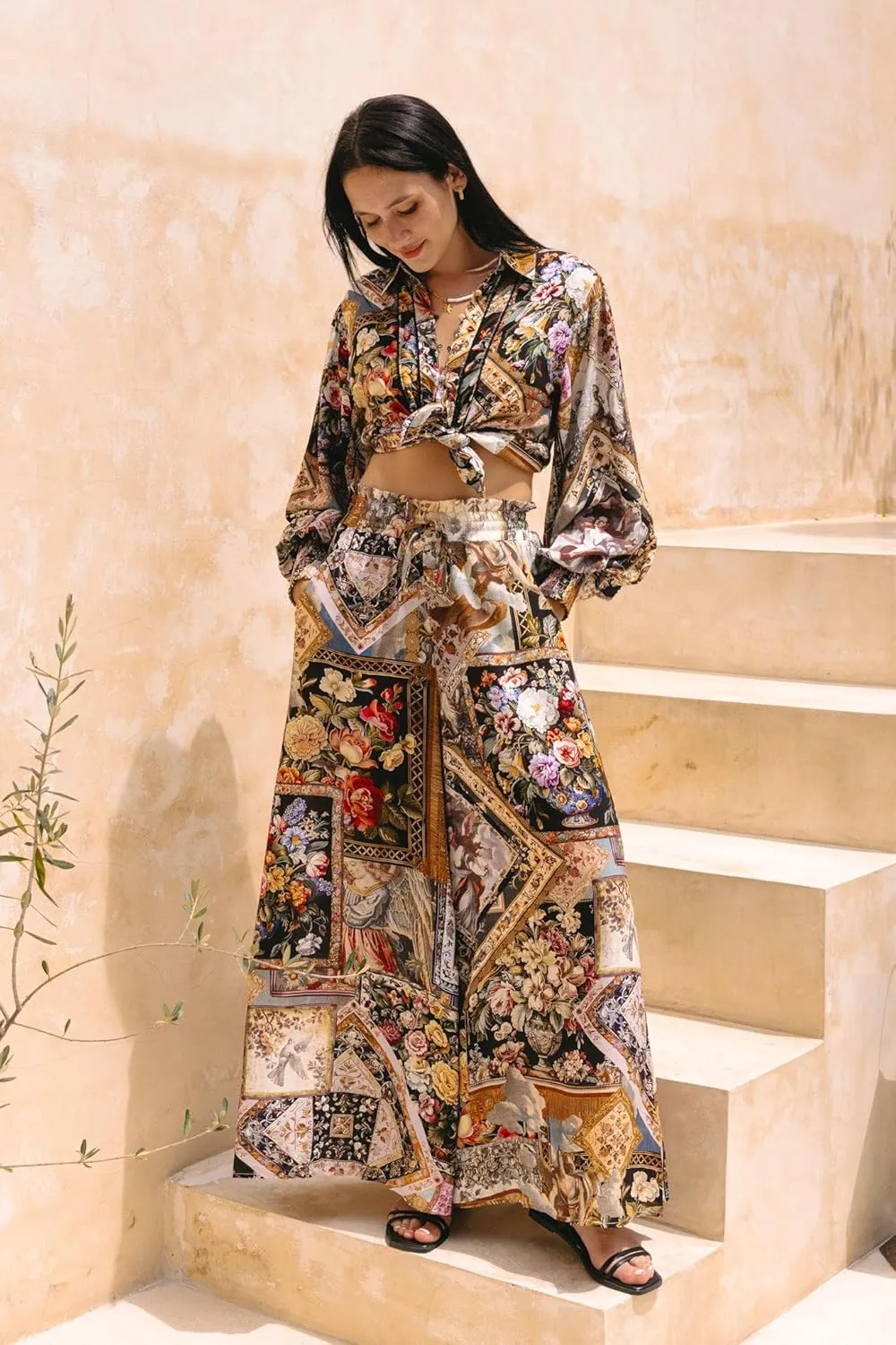 Women's Boho Floral High Waist Wide Leg Pants