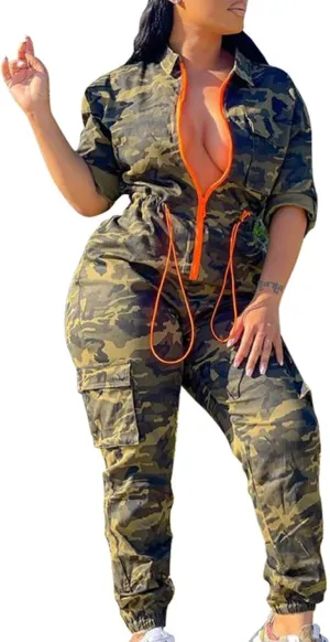 Women's Casual Camouflage Long Jumpsuits Drawstring Waist Zipper Jogger Pants Set One-Piece Camo Work Out Rompers