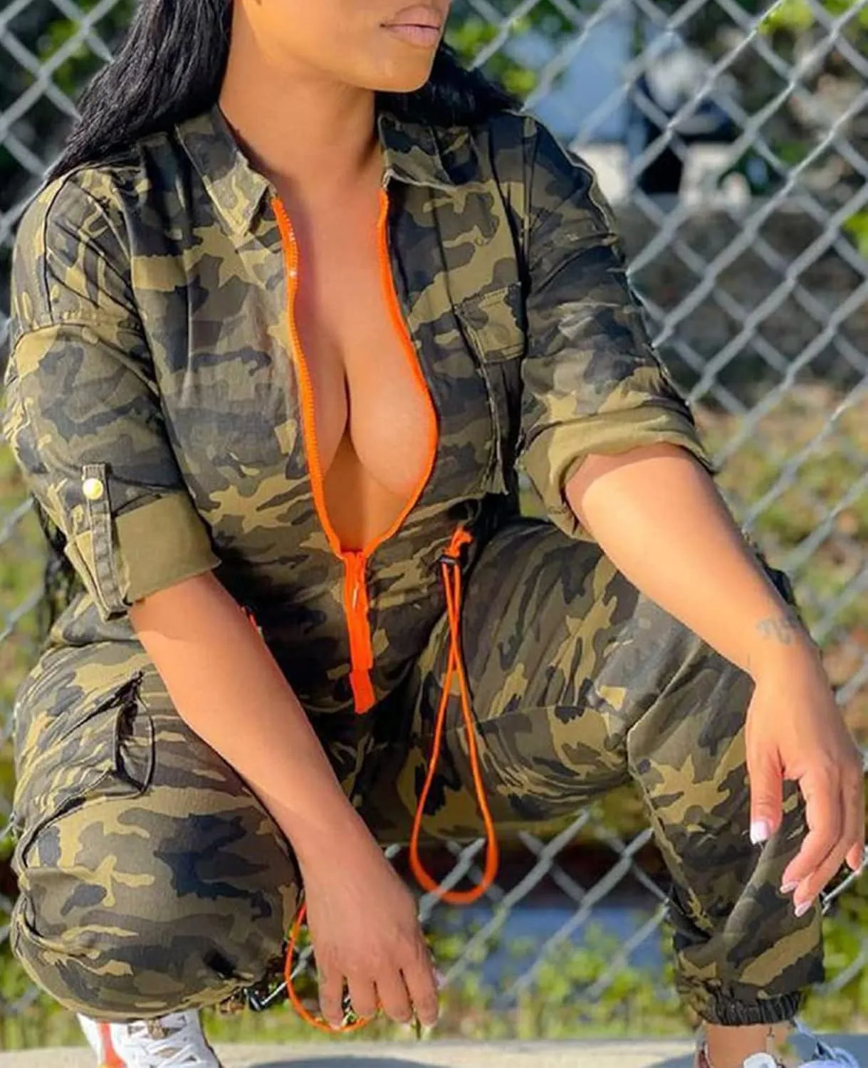 Women's Casual Camouflage Long Jumpsuits Drawstring Waist Zipper Jogger Pants Set One-Piece Camo Work Out Rompers