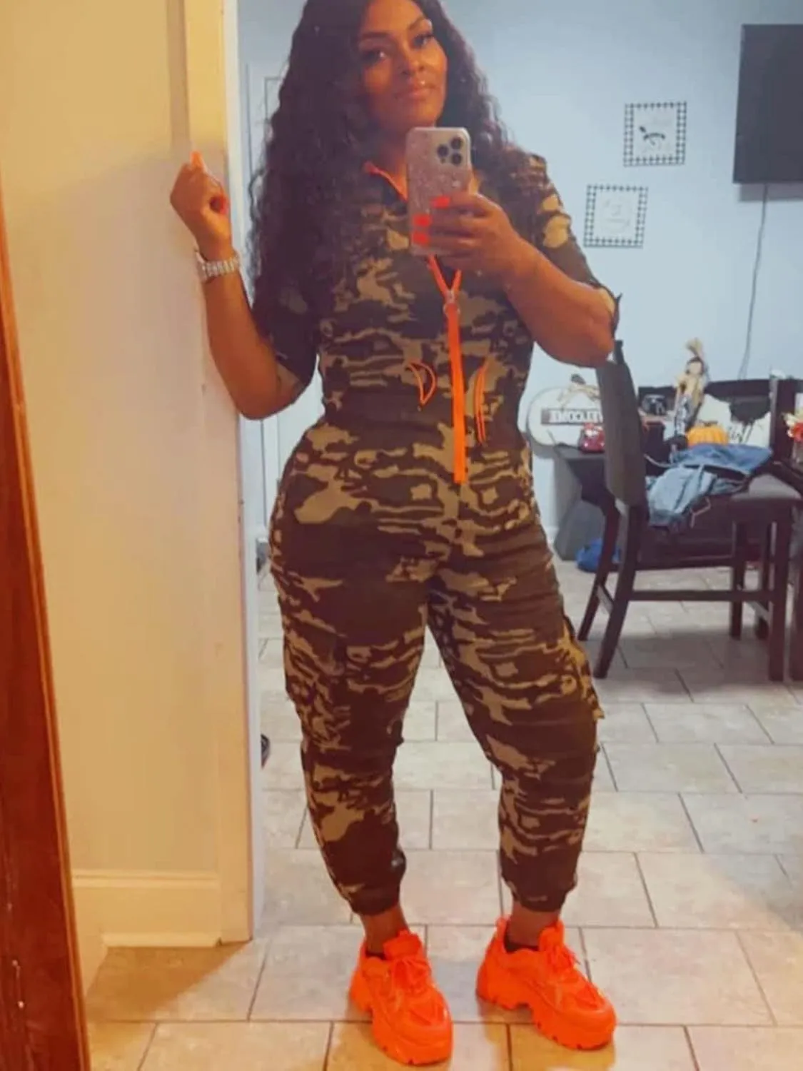 Women's Casual Camouflage Long Jumpsuits Drawstring Waist Zipper Jogger Pants Set One-Piece Camo Work Out Rompers