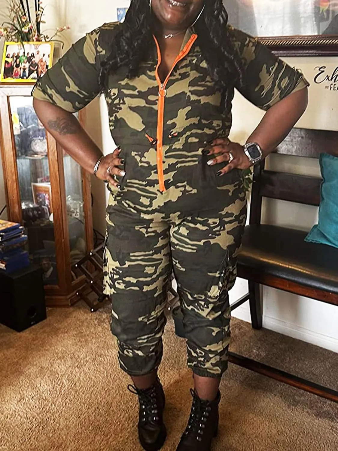 Women's Casual Camouflage Long Jumpsuits Drawstring Waist Zipper Jogger Pants Set One-Piece Camo Work Out Rompers