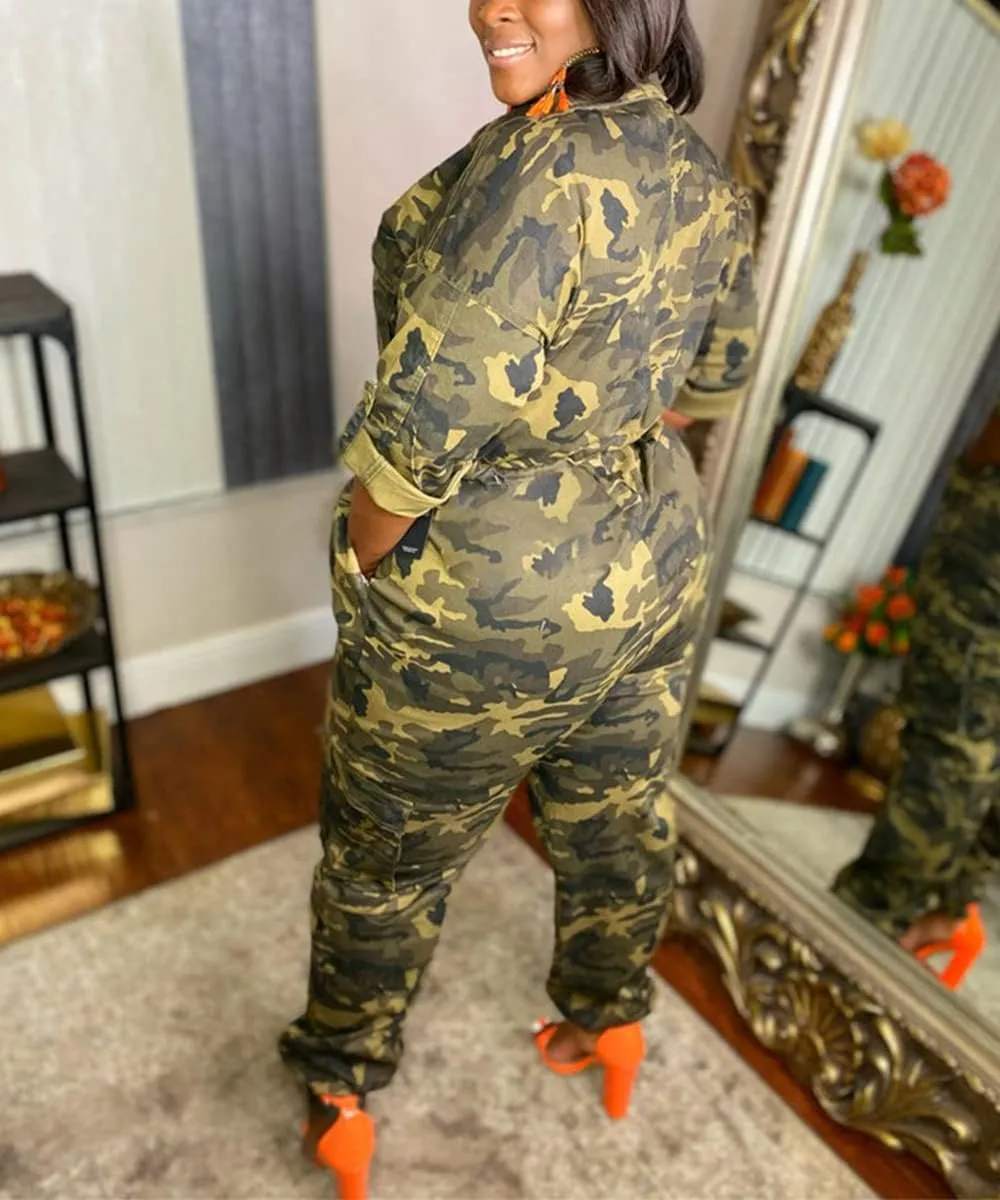 Women's Casual Camouflage Long Jumpsuits Drawstring Waist Zipper Jogger Pants Set One-Piece Camo Work Out Rompers