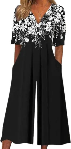 Women's Casual Loose Floral Print 2025 Jumpsuits Short Sleeve Printed Wide Leg Long Pant Rompers With Side Pockets
