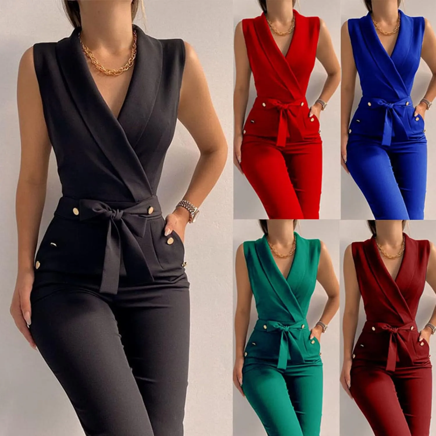 Women's Elegant Jumpsuits V Neck Sleeveless Straight Belted Long Pants Business Suits Set with Pockets