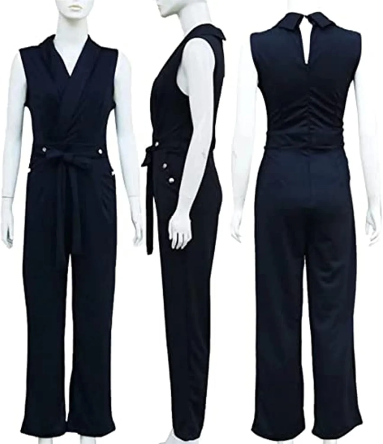 Women's Elegant Jumpsuits V Neck Sleeveless Straight Belted Long Pants Business Suits Set with Pockets