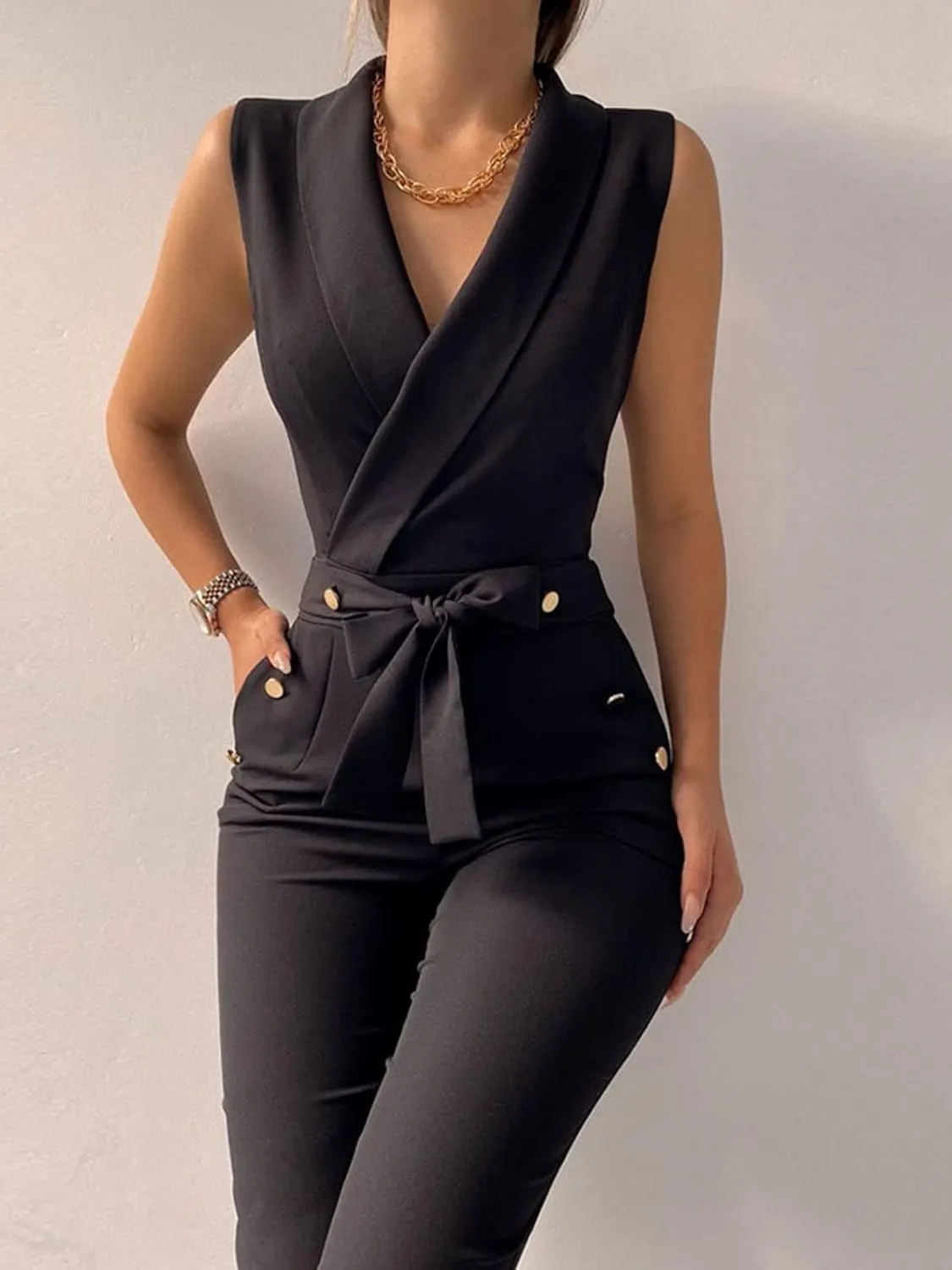 Women's Elegant Jumpsuits V Neck Sleeveless Straight Belted Long Pants Business Suits Set with Pockets