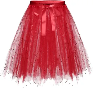 Womens Fashion Solid Lace Up Bow Puffy Skirt Tulle Bubble A Line Fairy Skirts Carnival Party Sequin Performance Skirt