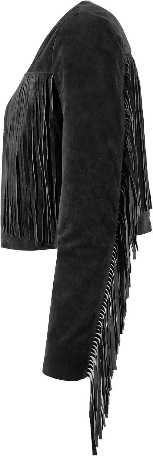 Womens Fringe Western Short Body Vintage 90s Style Cropped Suede Leather Jacket 7912