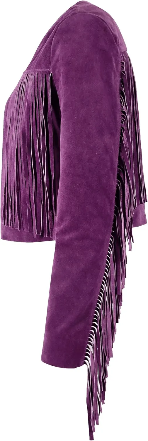 Womens Fringe Western Short Body Vintage 90s Style Cropped Suede Leather Jacket 7912