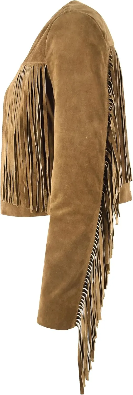 Womens Fringe Western Short Body Vintage 90s Style Cropped Suede Leather Jacket 7912
