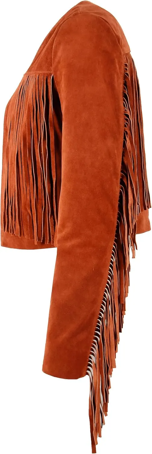 Womens Fringe Western Short Body Vintage 90s Style Cropped Suede Leather Jacket 7912