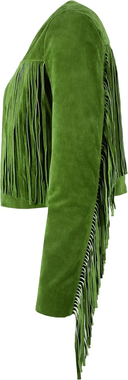 Womens Fringe Western Short Body Vintage 90s Style Cropped Suede Leather Jacket 7912
