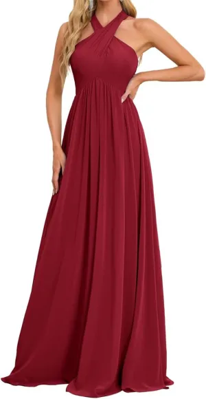 Womens Halter Pleated Chiffon Bridesmaid Dress A Line Prom Dress Long Formal Evening Maxi Party Gowns EZ109