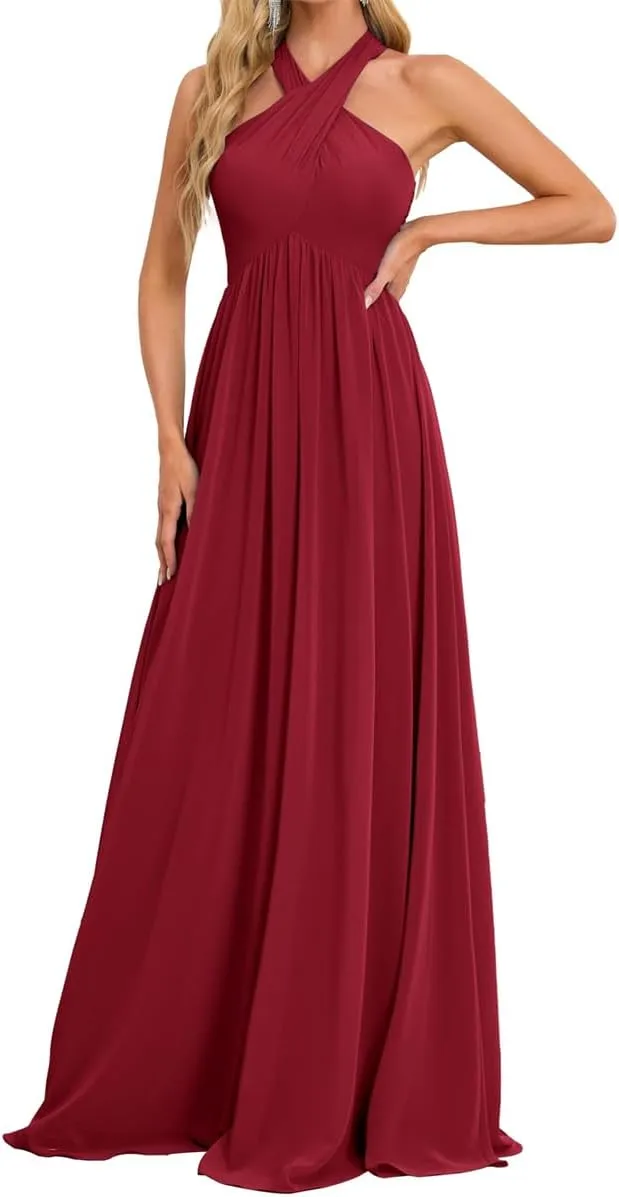 Womens Halter Pleated Chiffon Bridesmaid Dress A Line Prom Dress Long Formal Evening Maxi Party Gowns EZ109